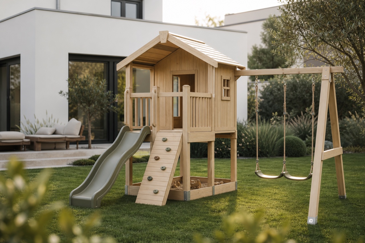 Kompakter Holzspielplatz mit Rutsche und Schaukel in modernem Garten