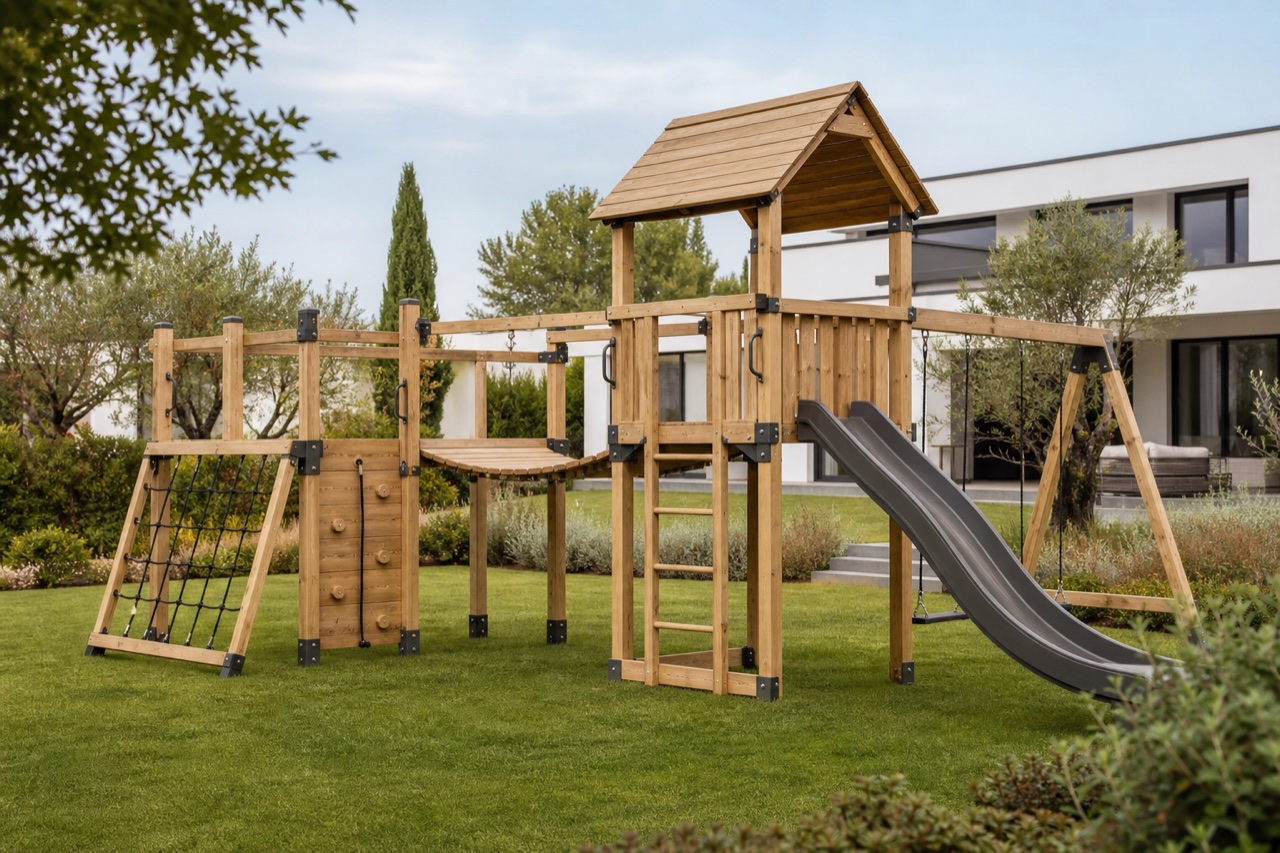 Große modulare Holzspielanlage mit Kletternetz, Brücke und Rutsche