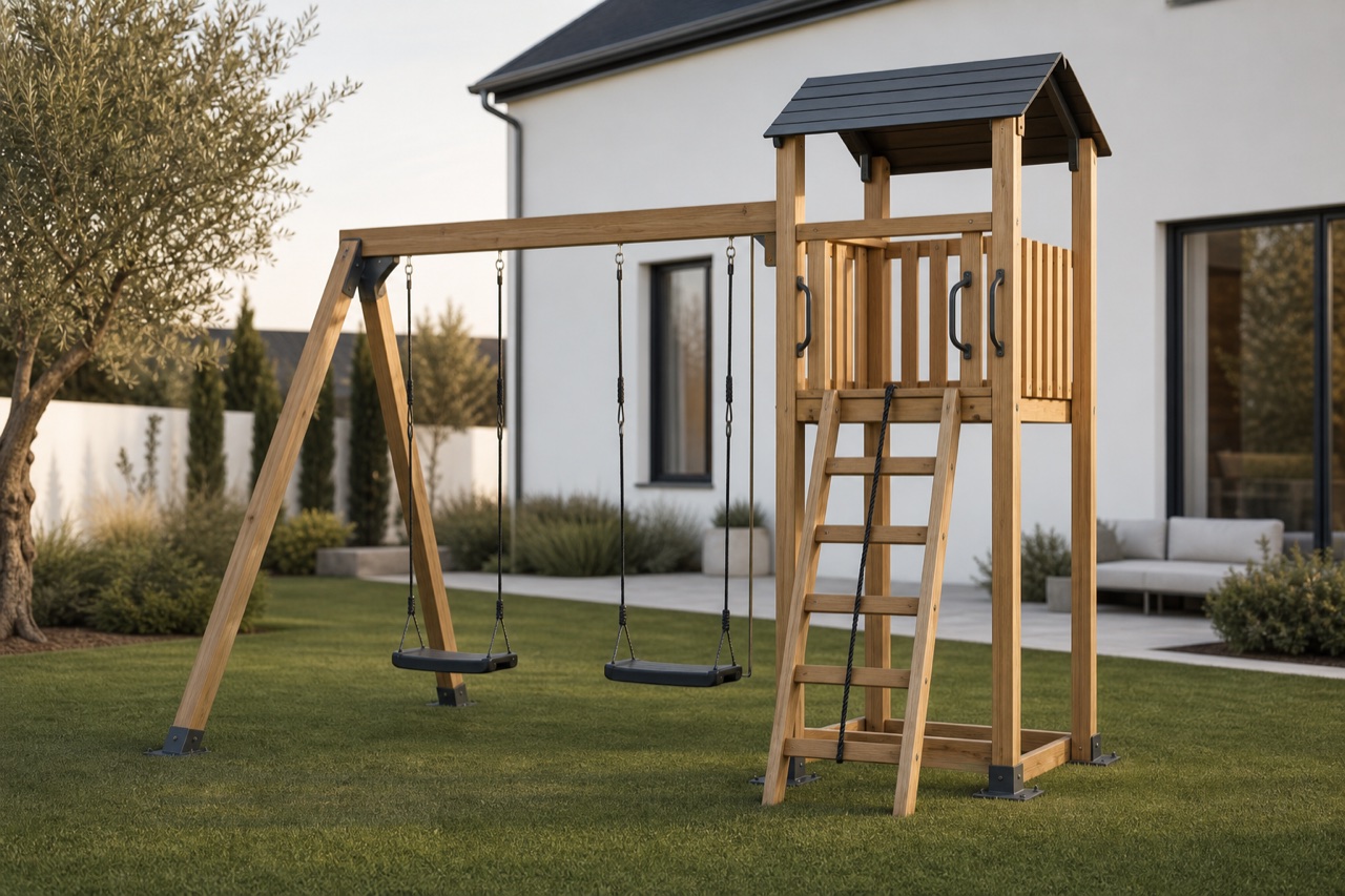 Holzspielturm mit Doppelschaukel und Kletterelementen
